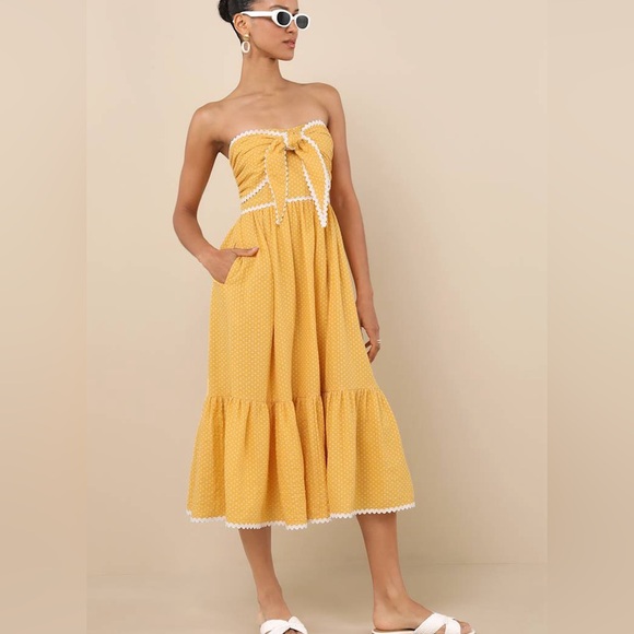 Lulus Dresses & Skirts - Lulus Mustard Yellow Polka Dot Strapless Midi Dress NWT Bow Ric Rac Trim Sz M